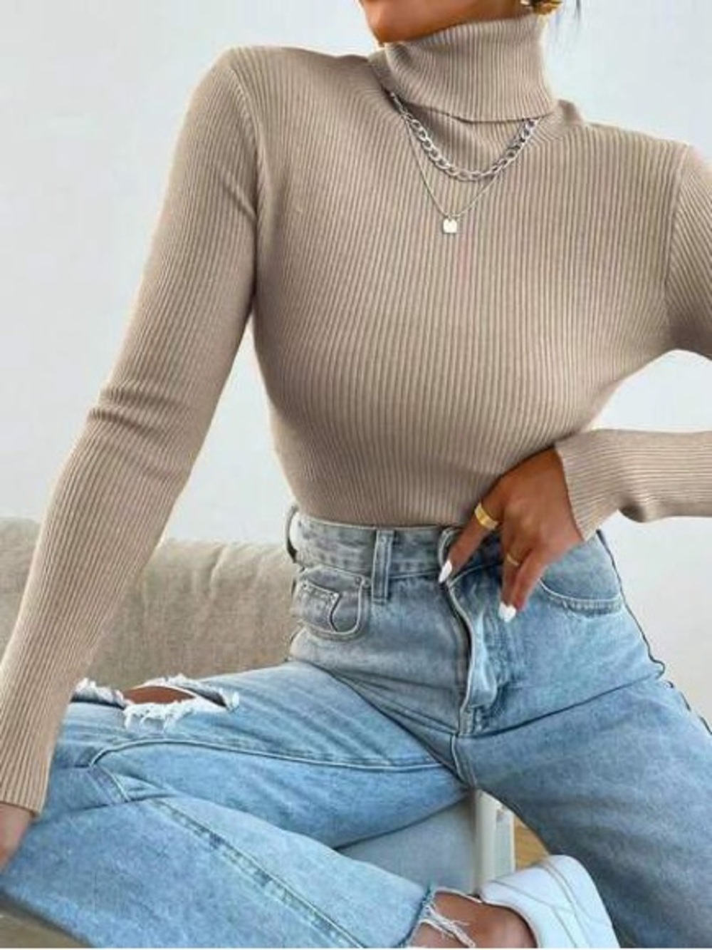SHEIN Ribbed Turtleneck Sweater – Tan – Size Small